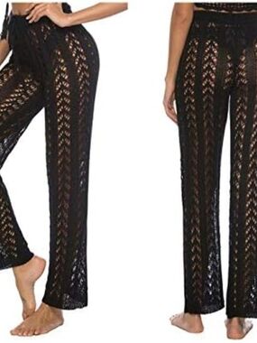 Crochet Wide-Leg Beach Pants - Black